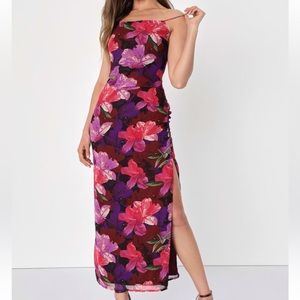 Lulus Fancy Florals Burgundy Midi Dress